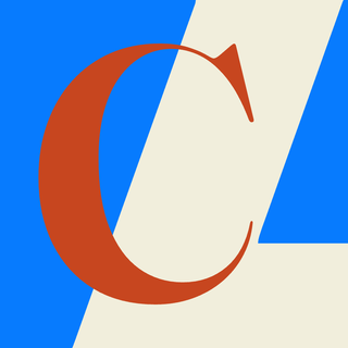 The Cutline app icon: a persimmon serif C over two blue sheets whose hand-cut seam forms an L